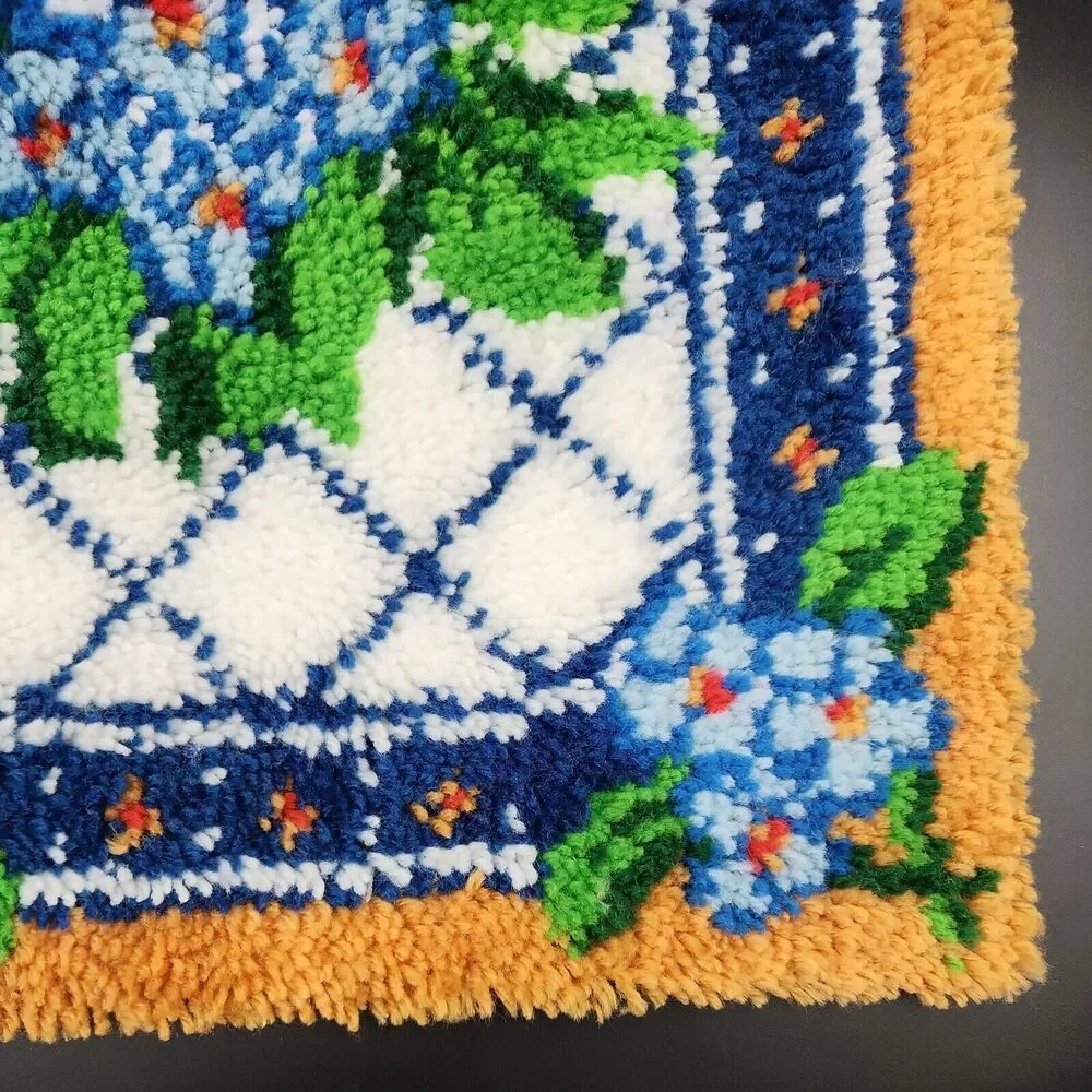 Vintage Completed Latch Hook Rug Flower Rectangle Wall Hanging Cottage Art 27x20